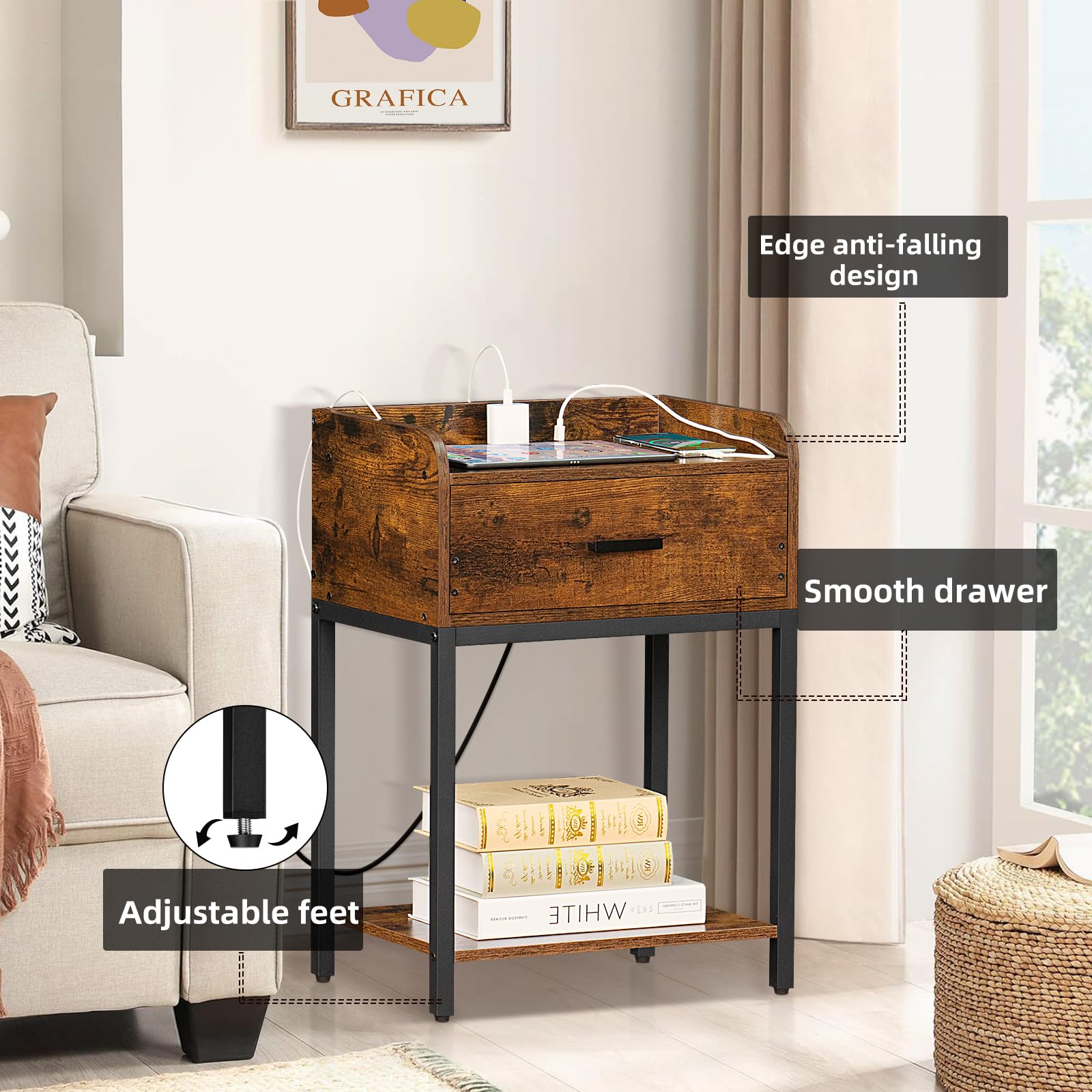 Nightstand with Charging Station, Night Stand with 2 Outlets and 2 USB Ports